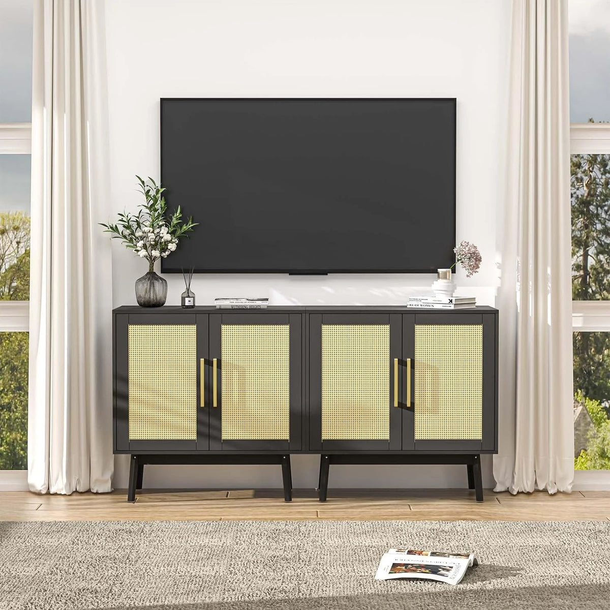 Black Rattan Storage Cabinet Set of 2 H312