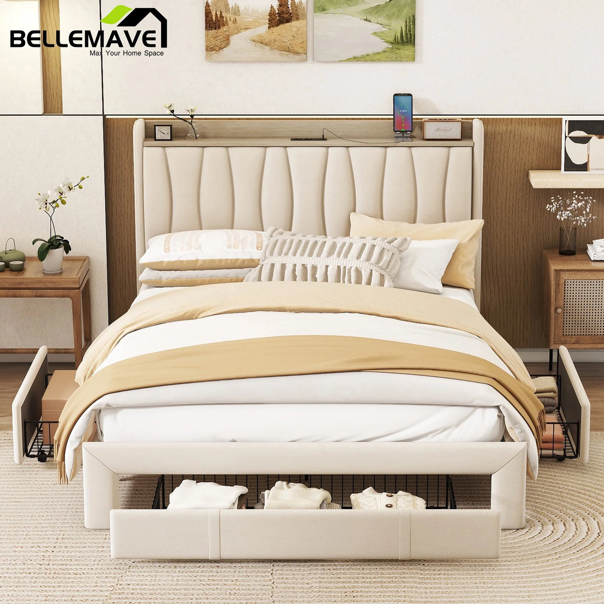 Queen Size Upholstered Platform Bed Frame with 3 Drawers Z9739