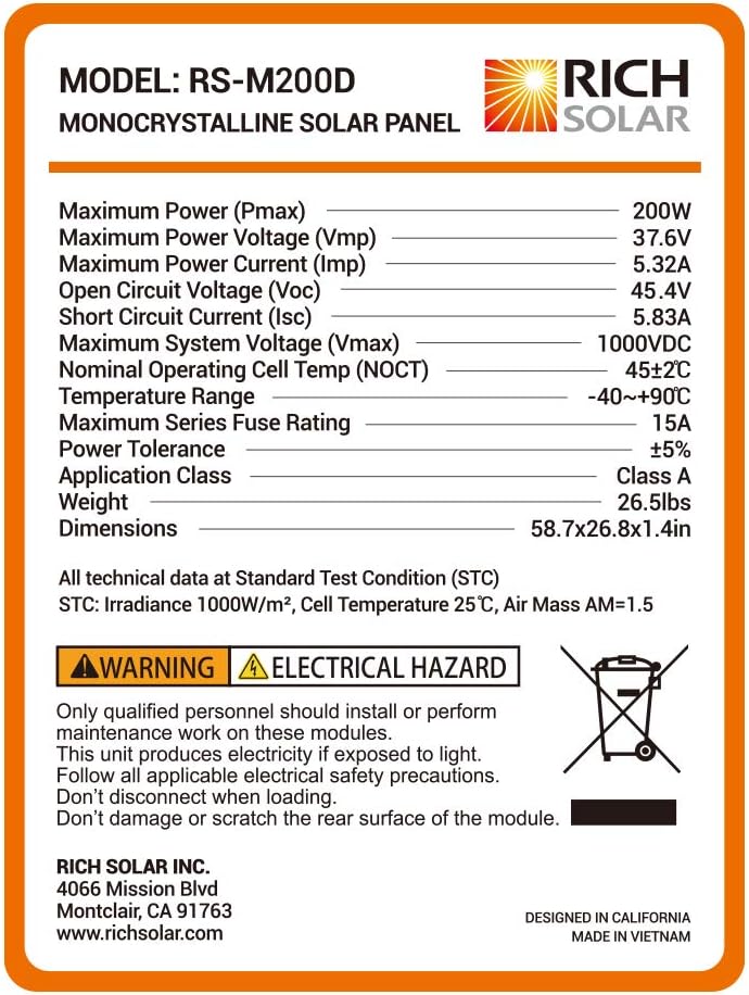 200 Watt 24 Volt Monocrystalline Solar Panel B882