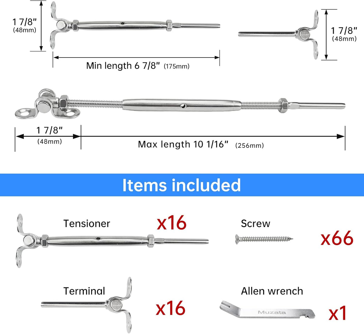20Set Cable Railing Kit 1/8 T316 Stainless Steel Turnbuckle Hardware A596