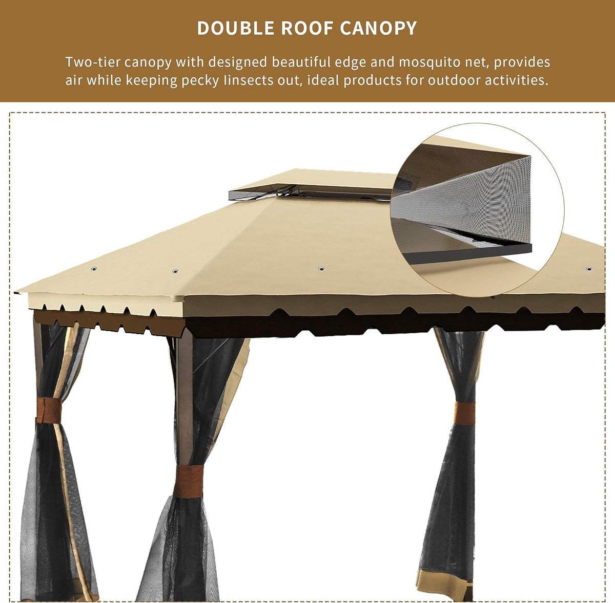 10x13 ft Khaki Steel Gazebo with Mosquito Netting J7414