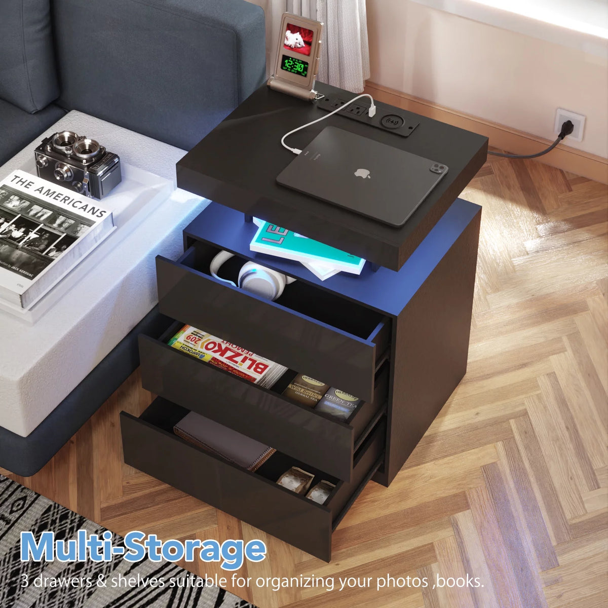 Black 2 Drawer LED Nightstand with Charging Station J68814