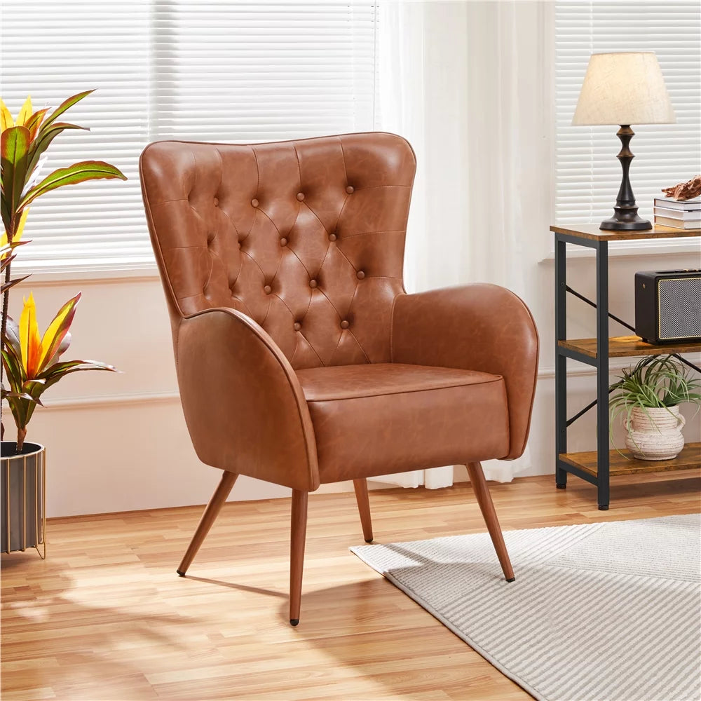 Brown Faux Leather Accent Chair with Tufted High Back D348121