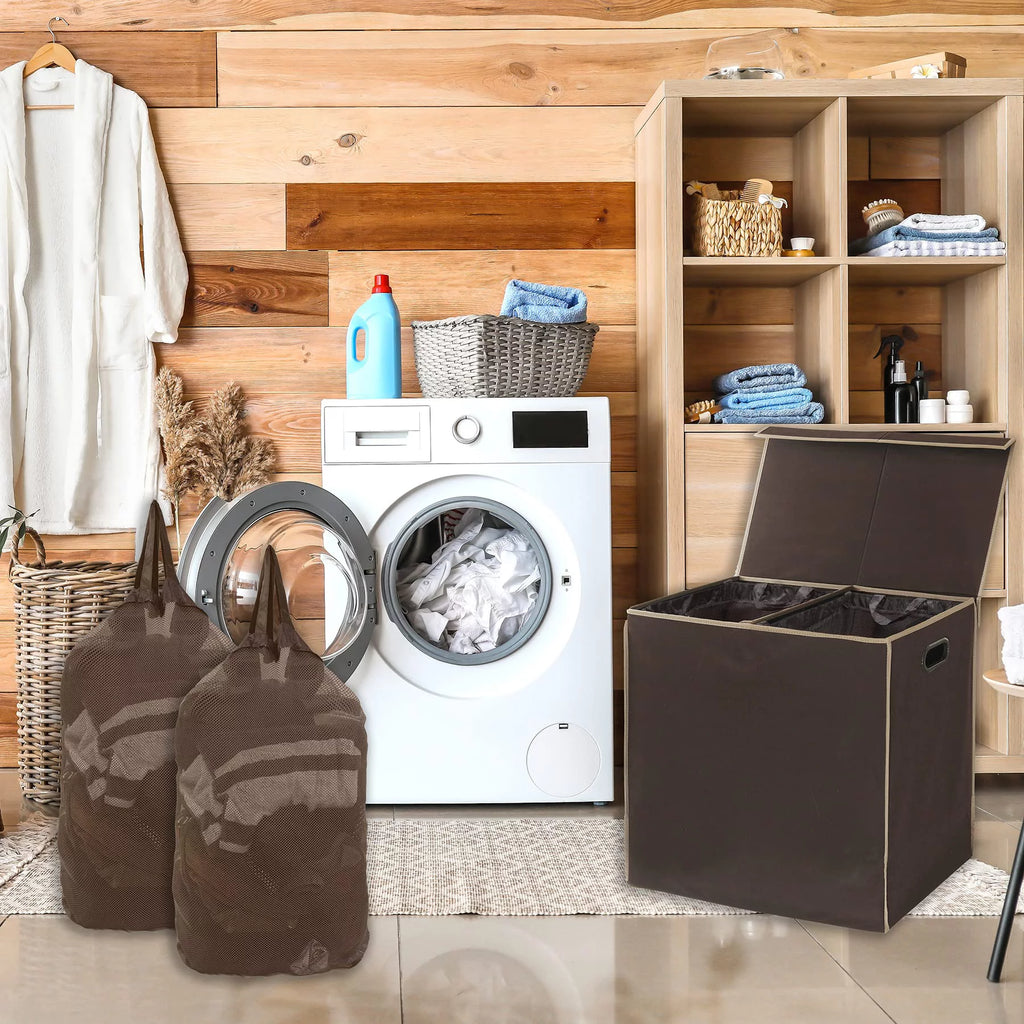 Brown Double Laundry Hamper with Lid and Removable Bags V983