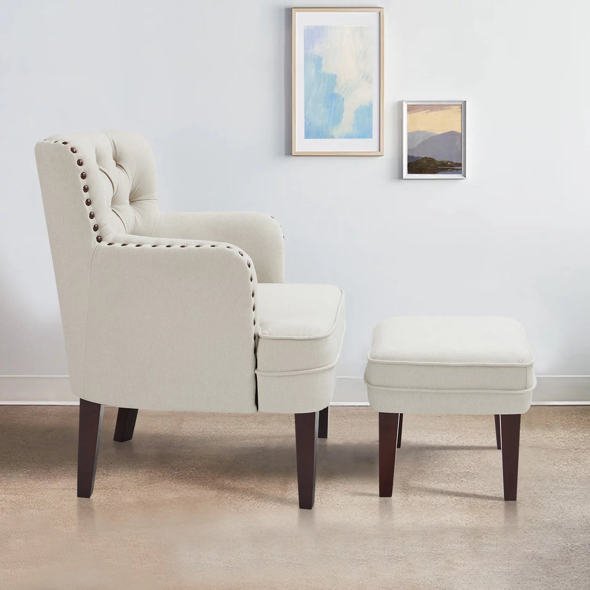 Beige Button Tufted Accent Chair with Ottoman I51890