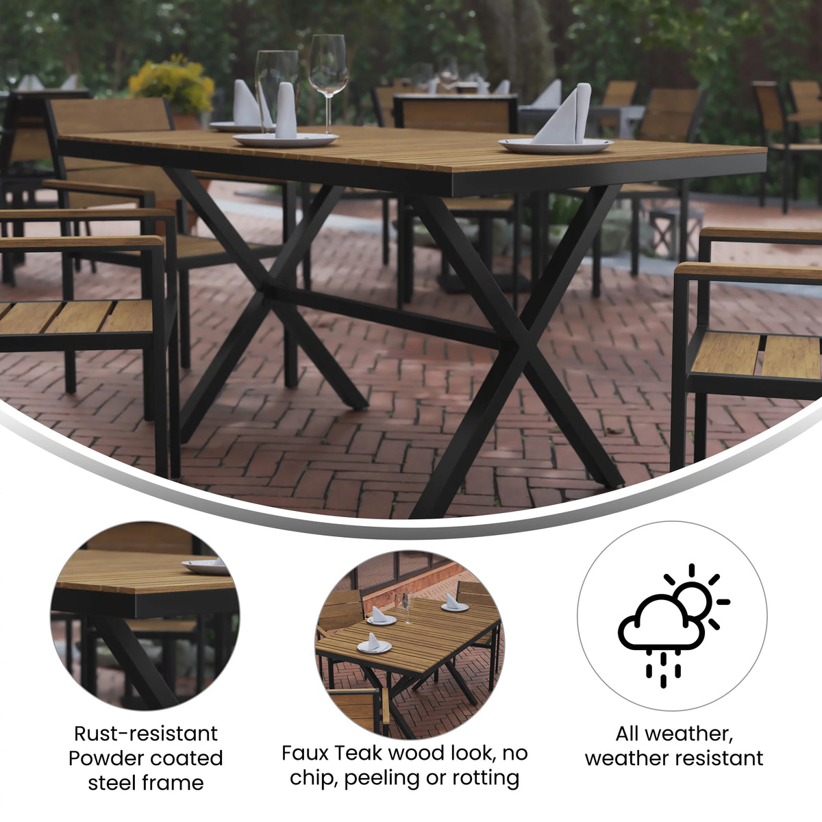 59" x 35.5" Outdoor Dining Table with Faux Teak Top and Gray Metal Frame E53931