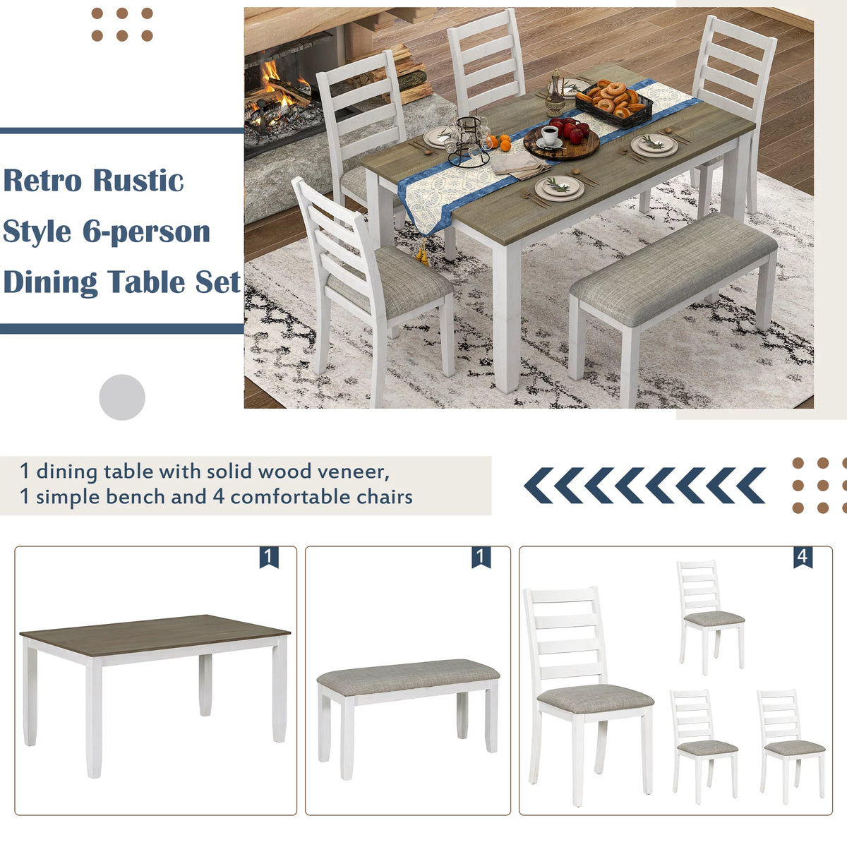 6-Piece Dining Table Set with 4 Upholstered Chairs and Bench F942