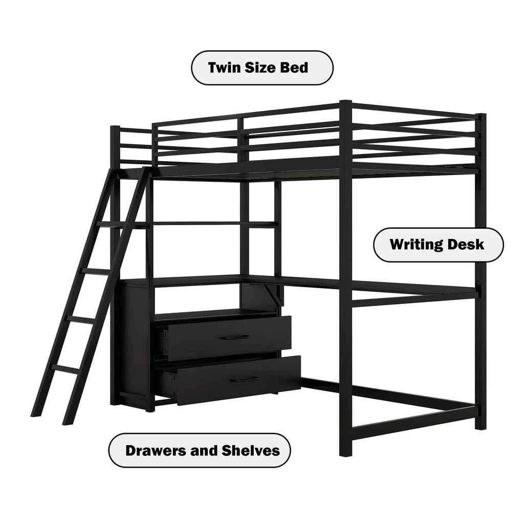 Black Twin Metal Loft Bed with Desk Storage Drawers Shelves M589121