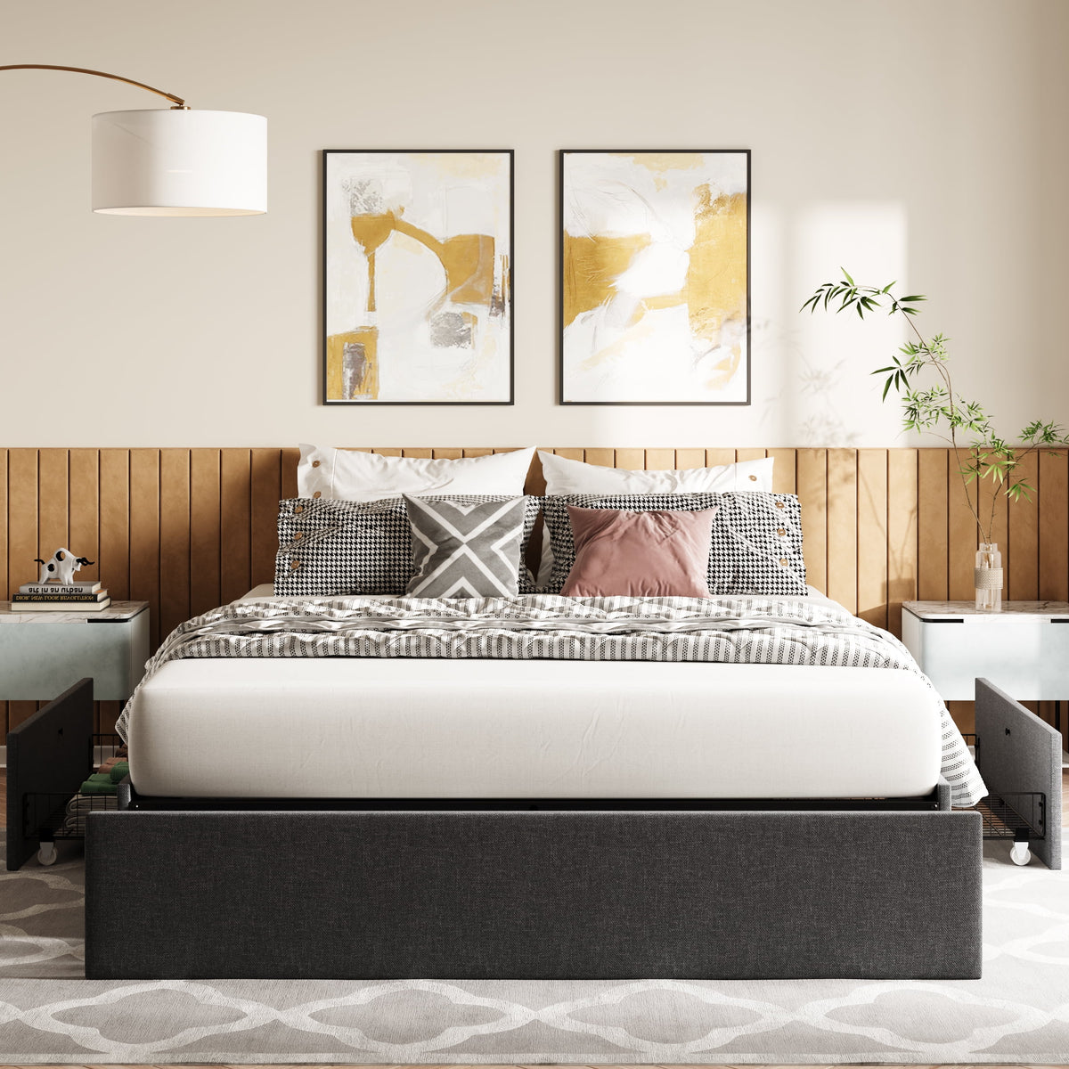 Queen Size Upholstered Platform Bed Frame with 3 Storage Drawers B64469