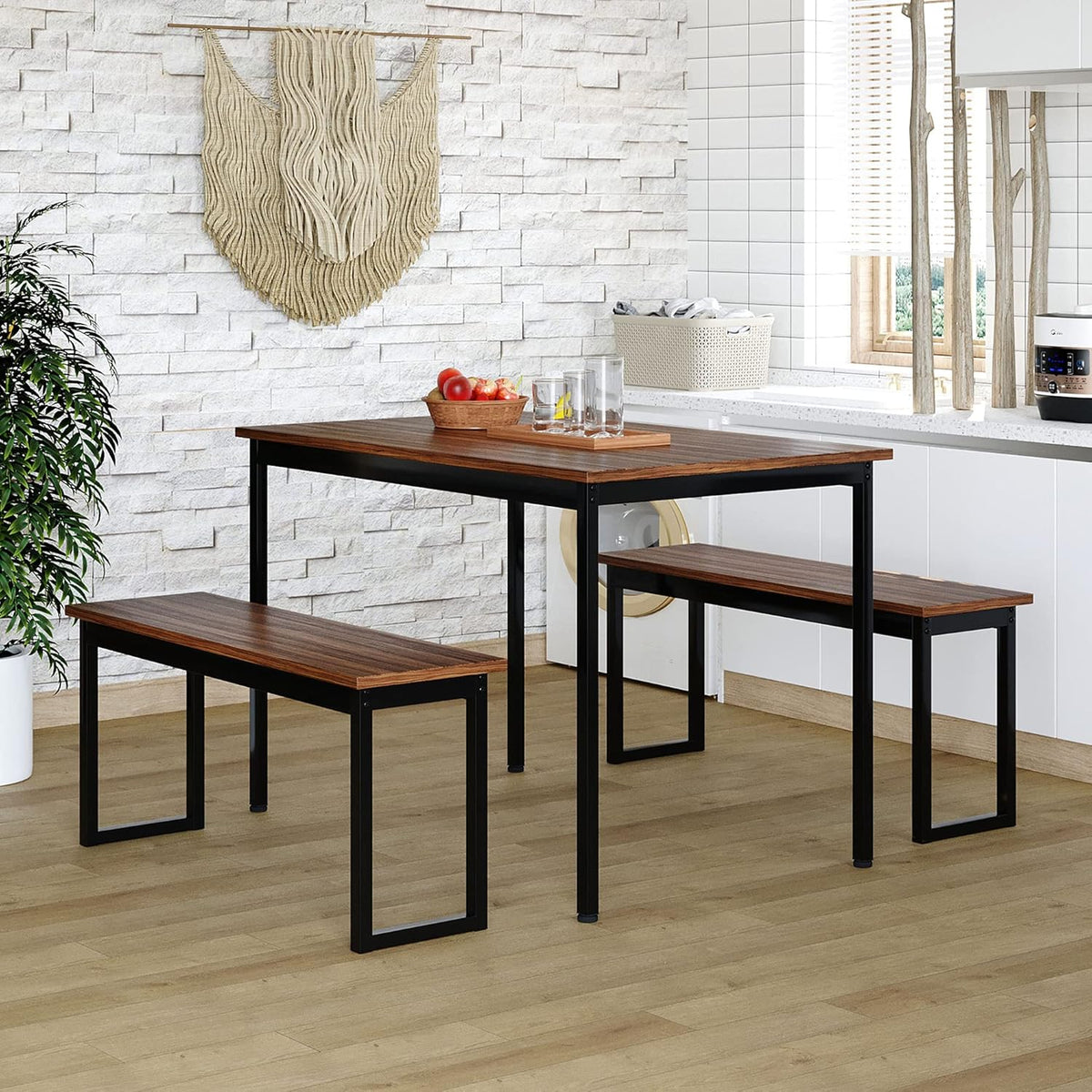 3 Pieces Dining Room Table Set with 2 Benches S88304