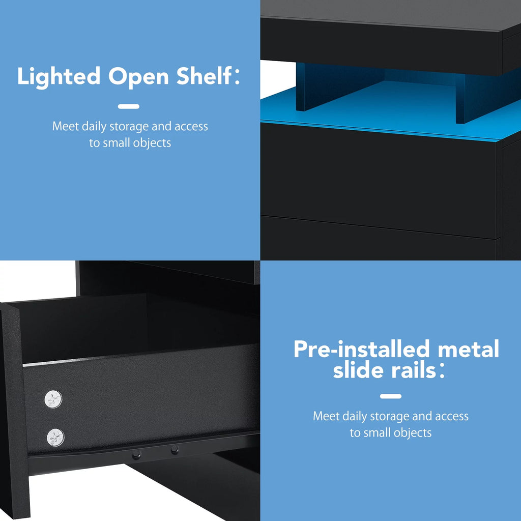 Black 2 Drawer LED Nightstand with Charging Station J68814