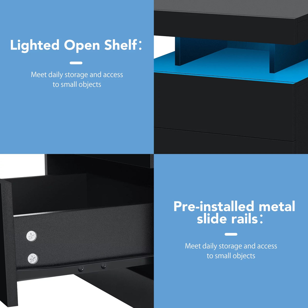 Black 2 Drawer LED Nightstand with Charging Station J68814