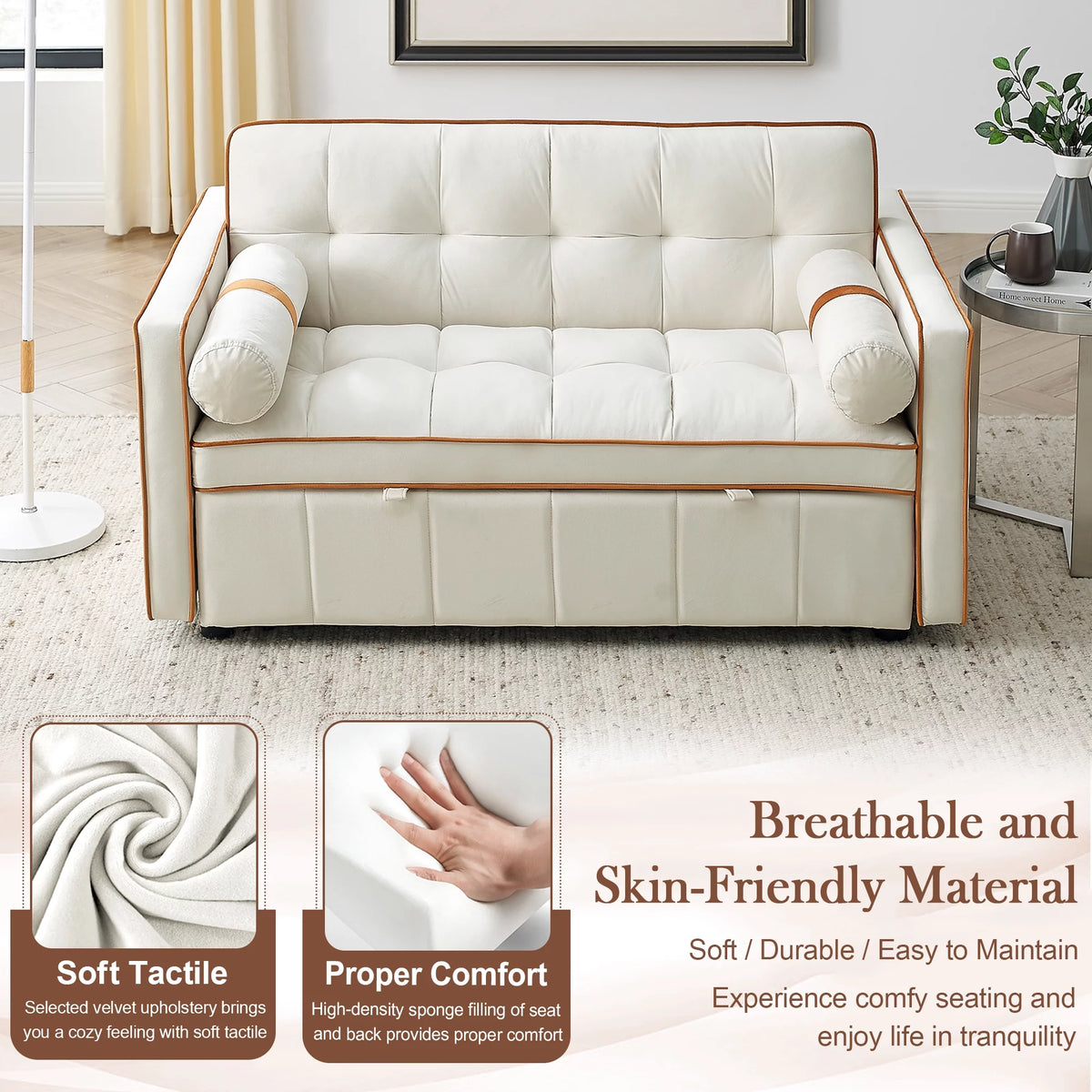 Beige Velvet Convertible Sleeper Sofa Bed O784497