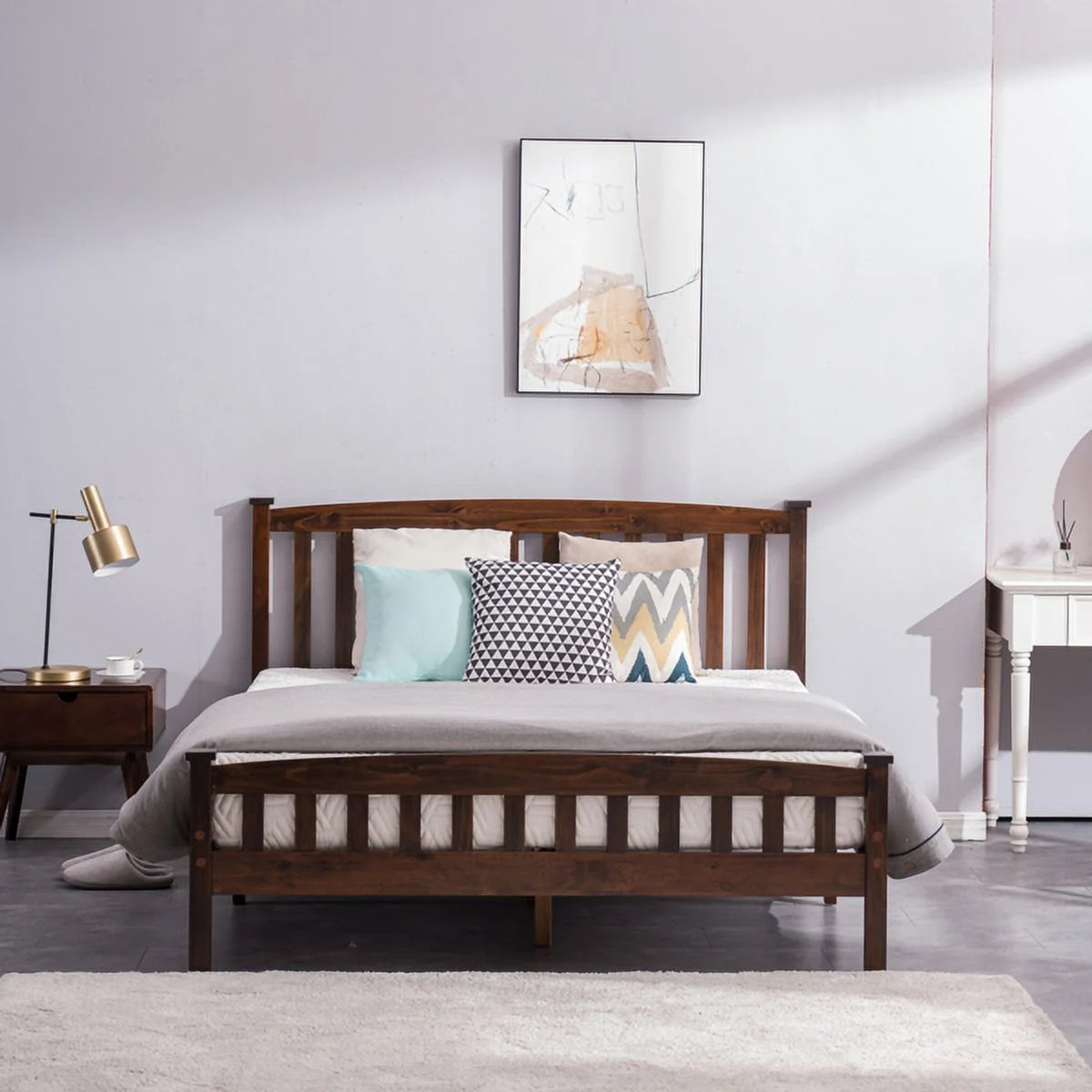 Full Size Pine Wood Platform Bed Frame with Headboard U29257