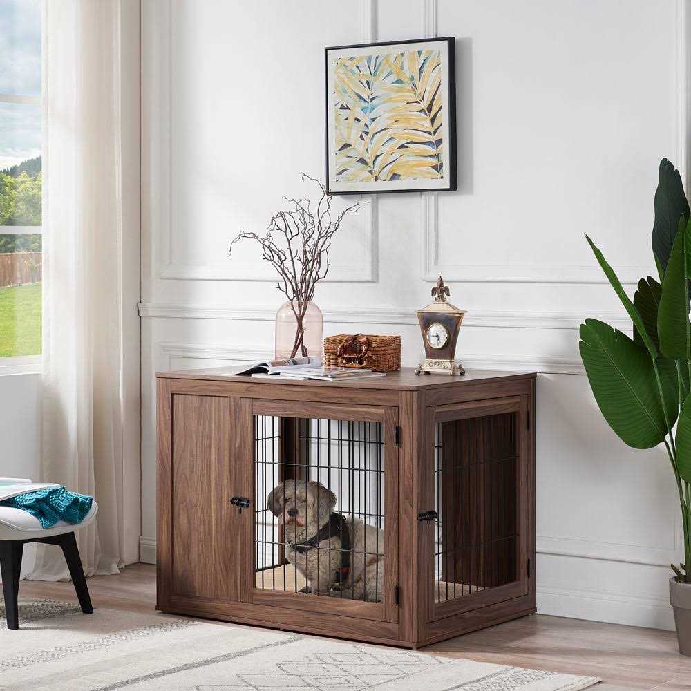Wooden Dog Crate End Table with Cushion L8389