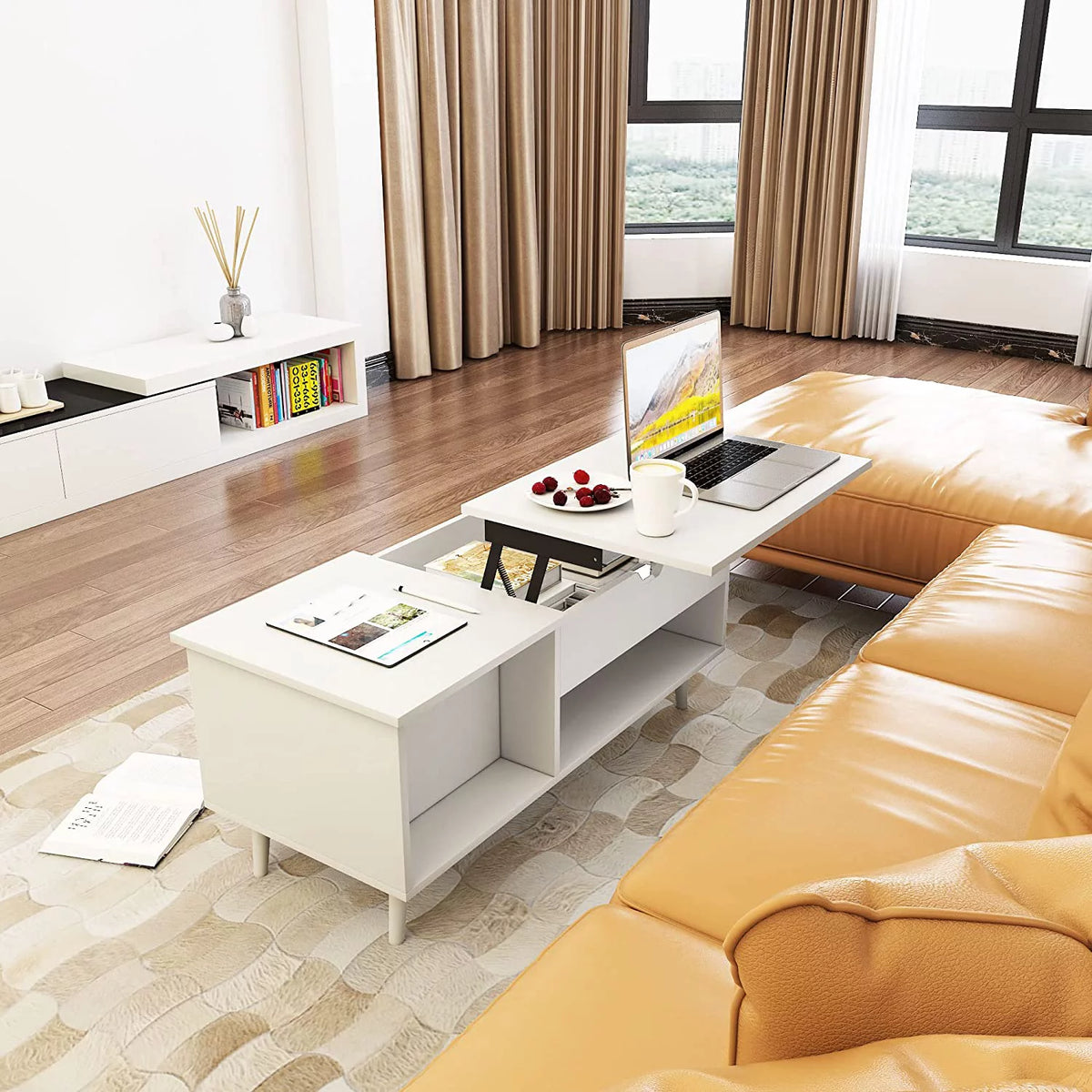 Lift Top Coffee Table with Hidden Compartment White L595