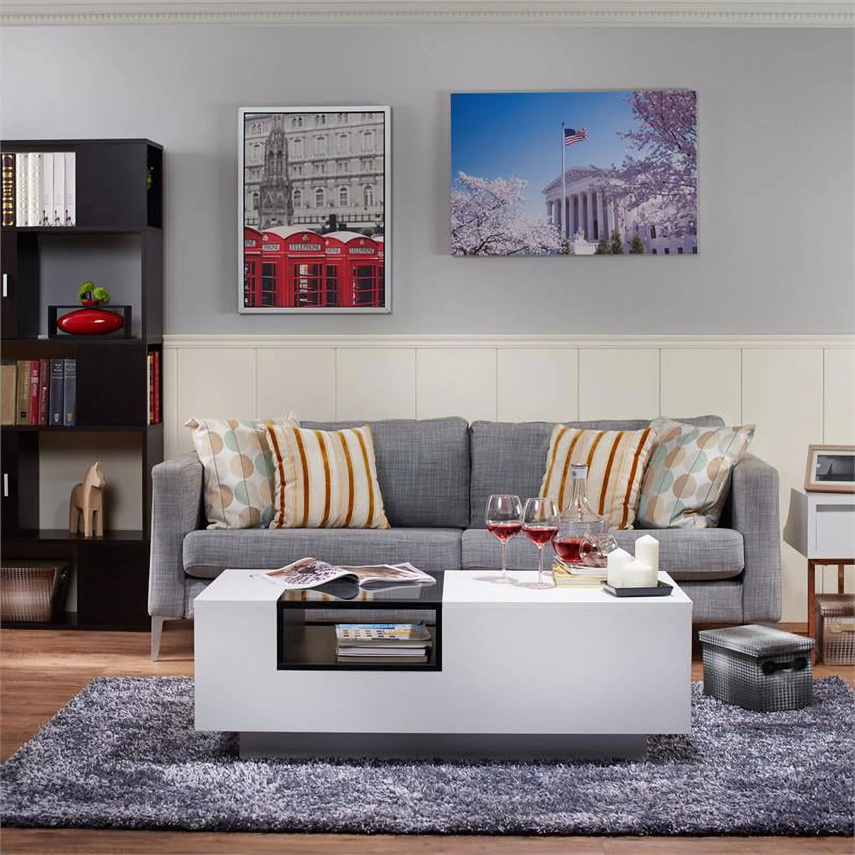 Modern Wood Storage Coffee Table in White and Black V4285
