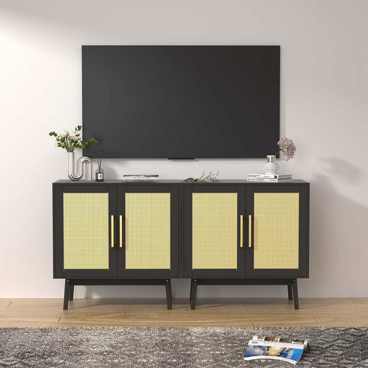Black Rattan Storage Cabinet Set of 2 H312