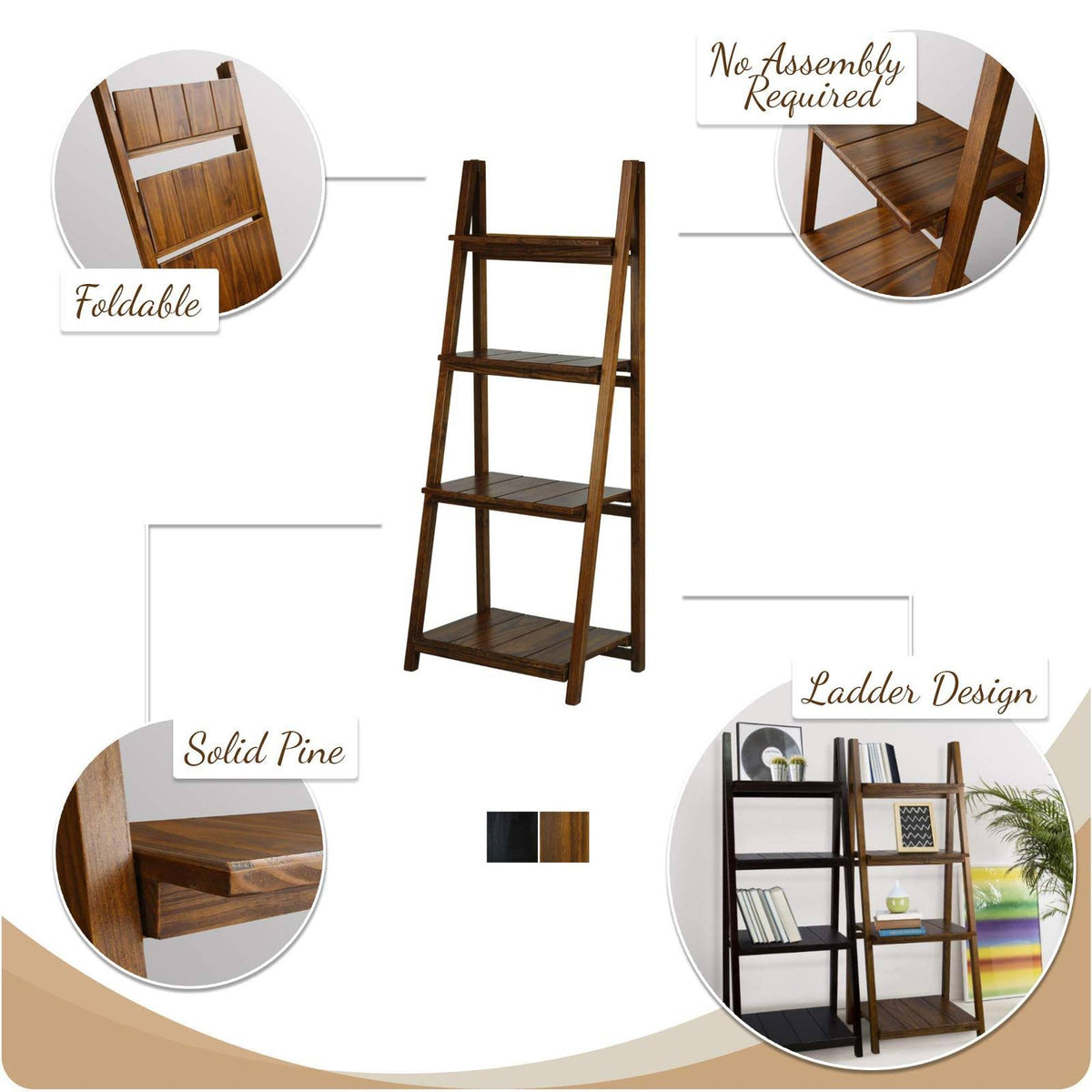 Warm Brown 4 Shelf Folding Bookcase C12255