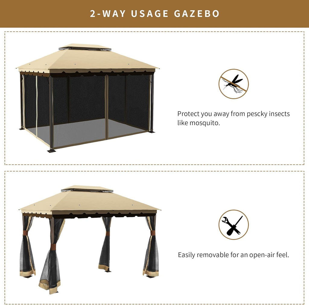 10x13 ft Khaki Steel Gazebo with Mosquito Netting J7414