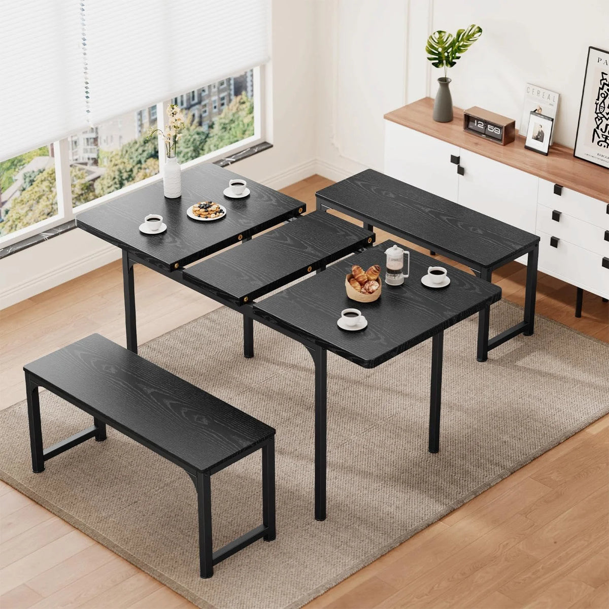 Black Extendable Dining Table Set with 2 Benches N1623