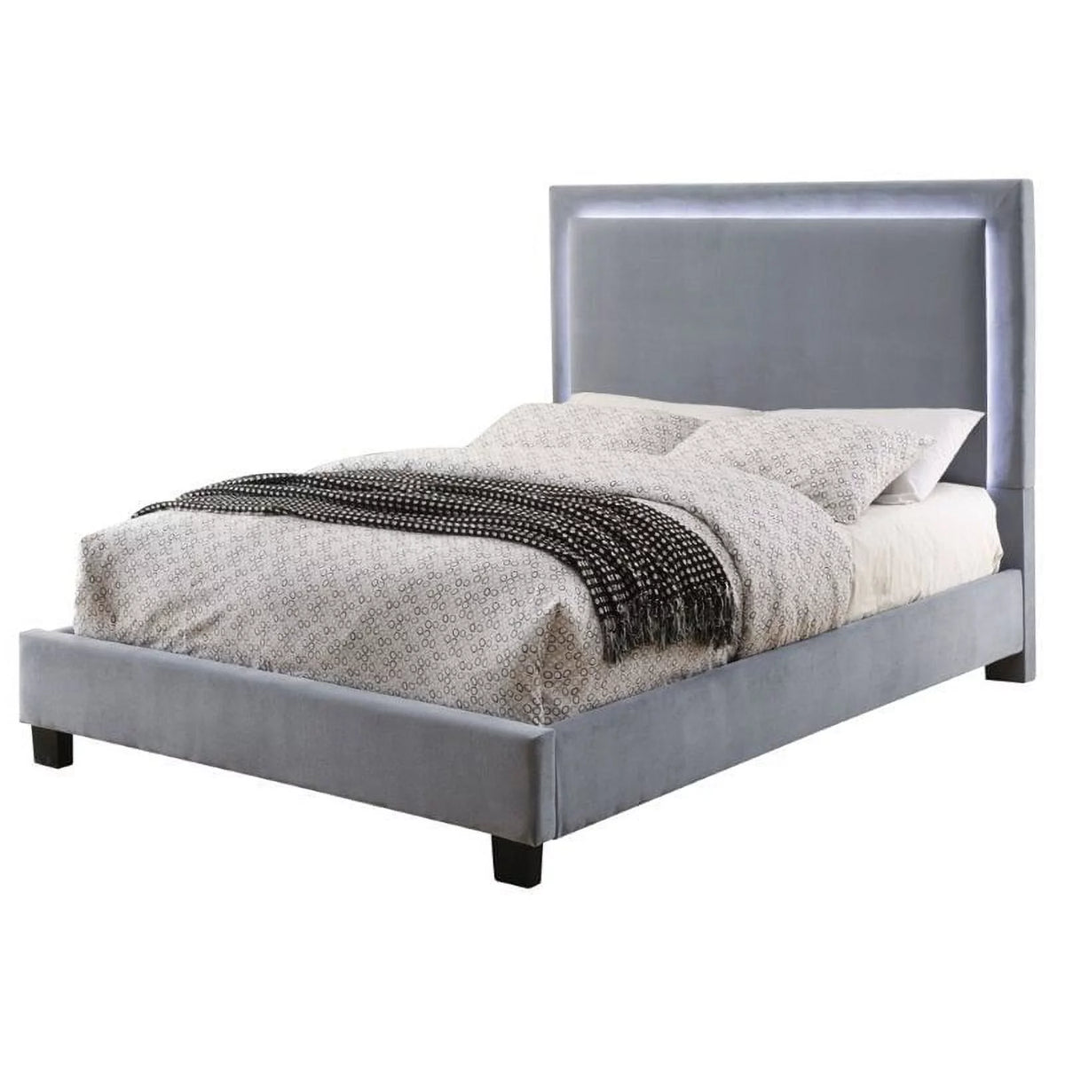 Gray Fabric King Bed with LED Lights O892