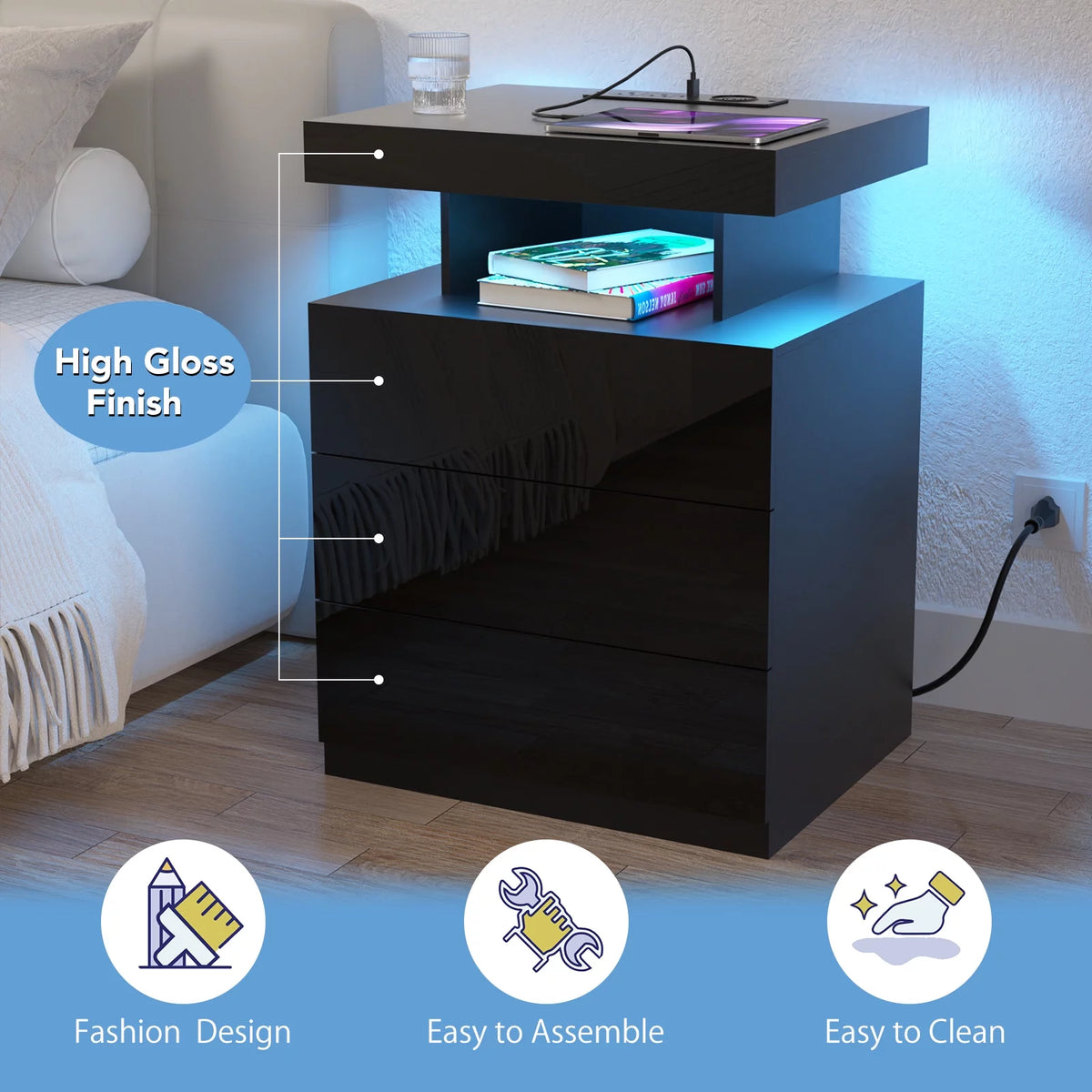 Black 2 Drawer LED Nightstand with Charging Station J68814