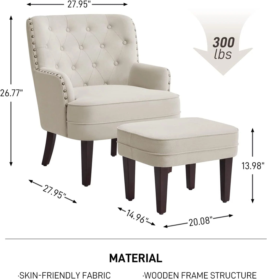 Beige Button Tufted Accent Chair with Ottoman I51890