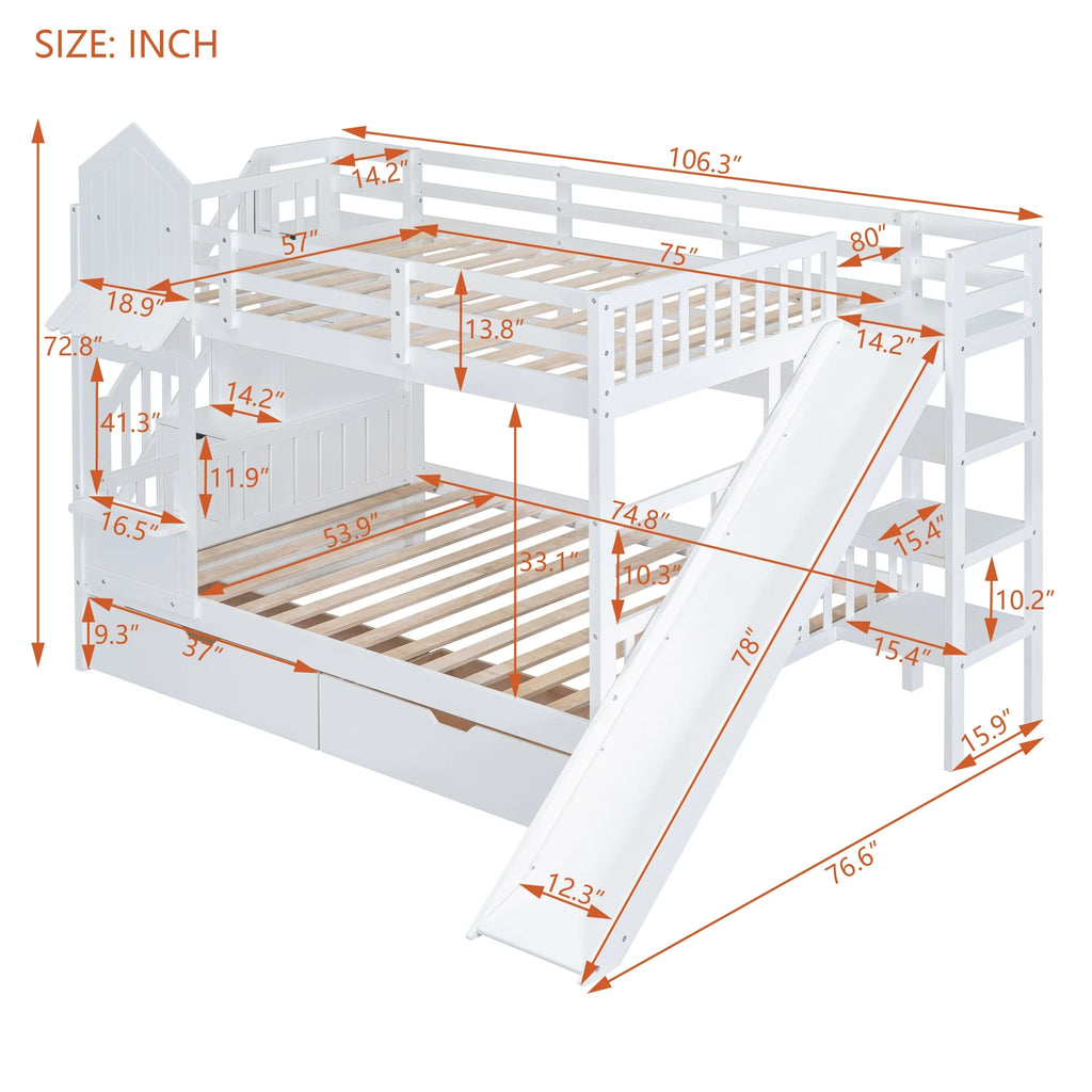 Full Over Full Castle Bunk Bed with Slide, Stairs and Storage Drawers X1199