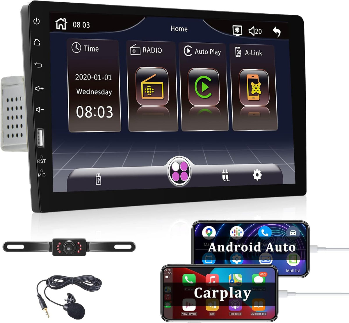 Single Din Car Stereo with Carplay and Android Auto, 9 Inch Touchscreen MP5 Player with Bluetooth T330