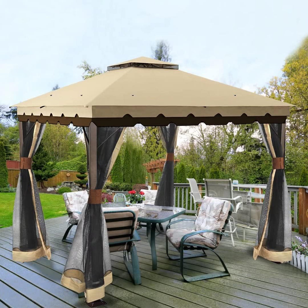 10x13 ft Khaki Steel Gazebo with Mosquito Netting J7414