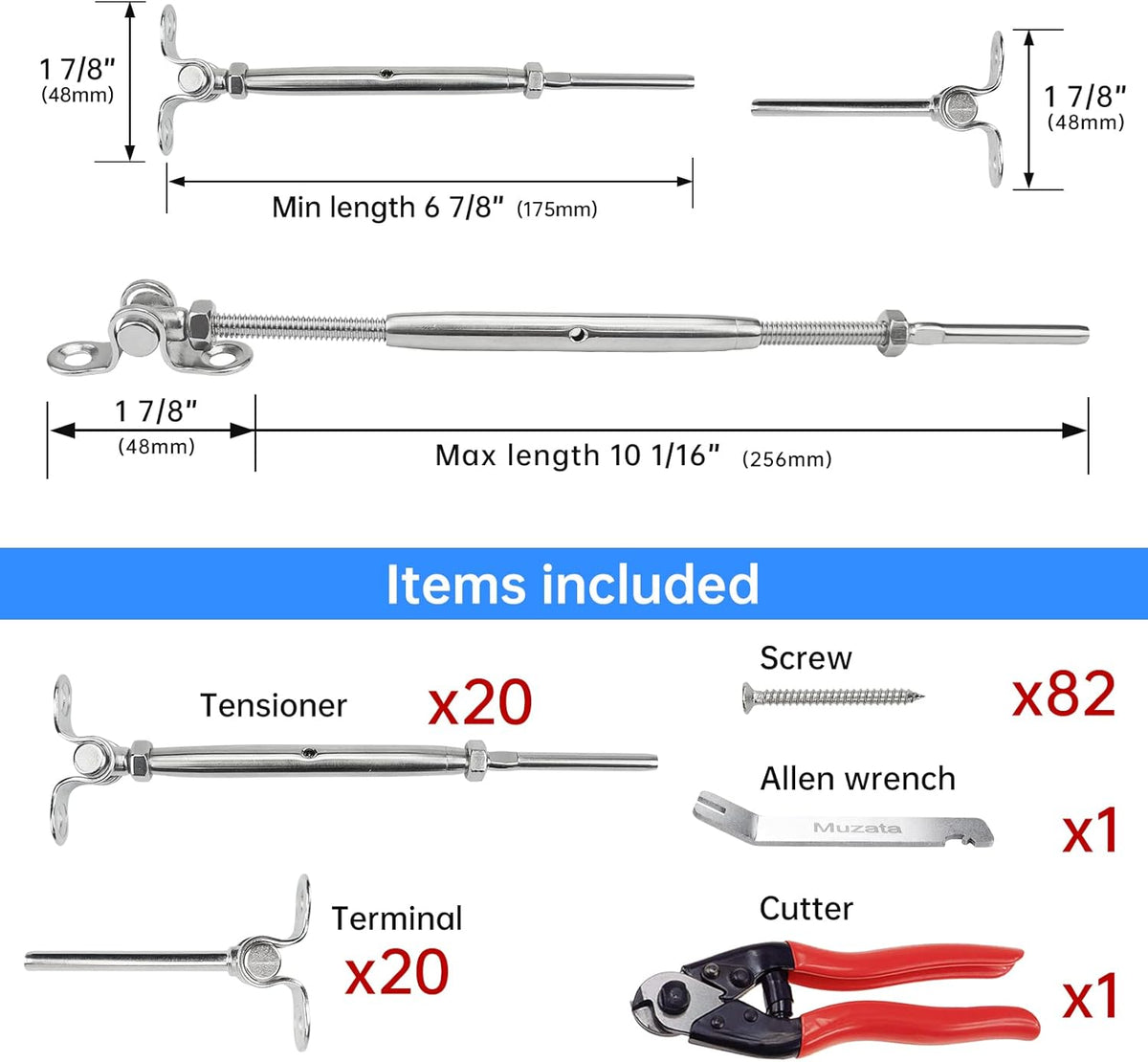20Set Cable Railing Kit 1/8 T316 Stainless Steel Turnbuckle Hardware A596