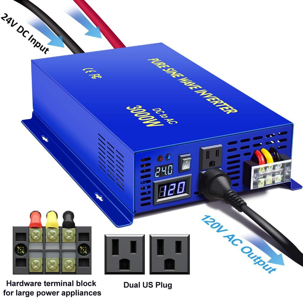 3000W Pure Sine Wave Power Inverter 24V DC to 110V 120V AC U46605