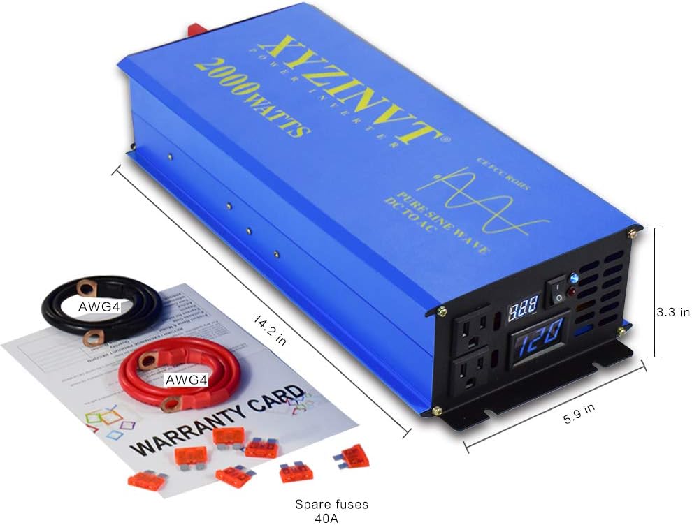 2000W Pure Sine Wave Power Inverter 12V to 120V with Remote T7254