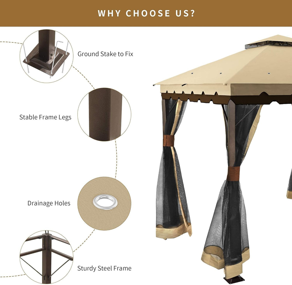 10x13 ft Khaki Steel Gazebo with Mosquito Netting J7414
