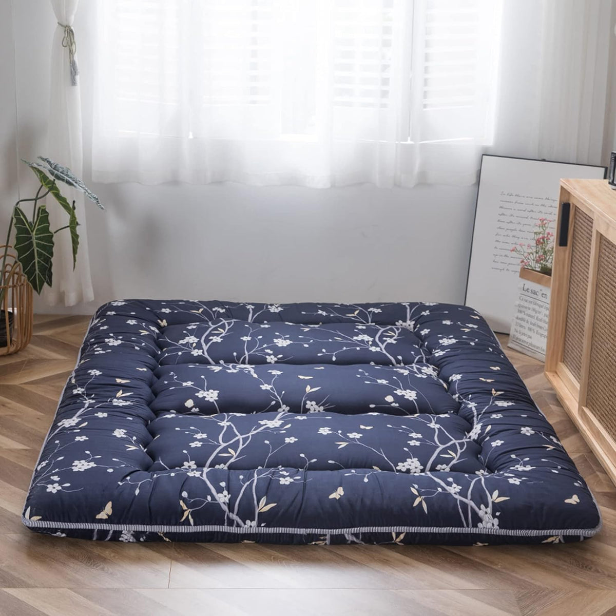 Navy Floral Printed Memory Foam Futon Mattress Twin Size F7497