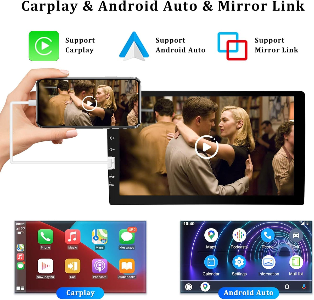 Single Din Car Stereo with Carplay and Android Auto, 9 Inch Touchscreen MP5 Player with Bluetooth T330