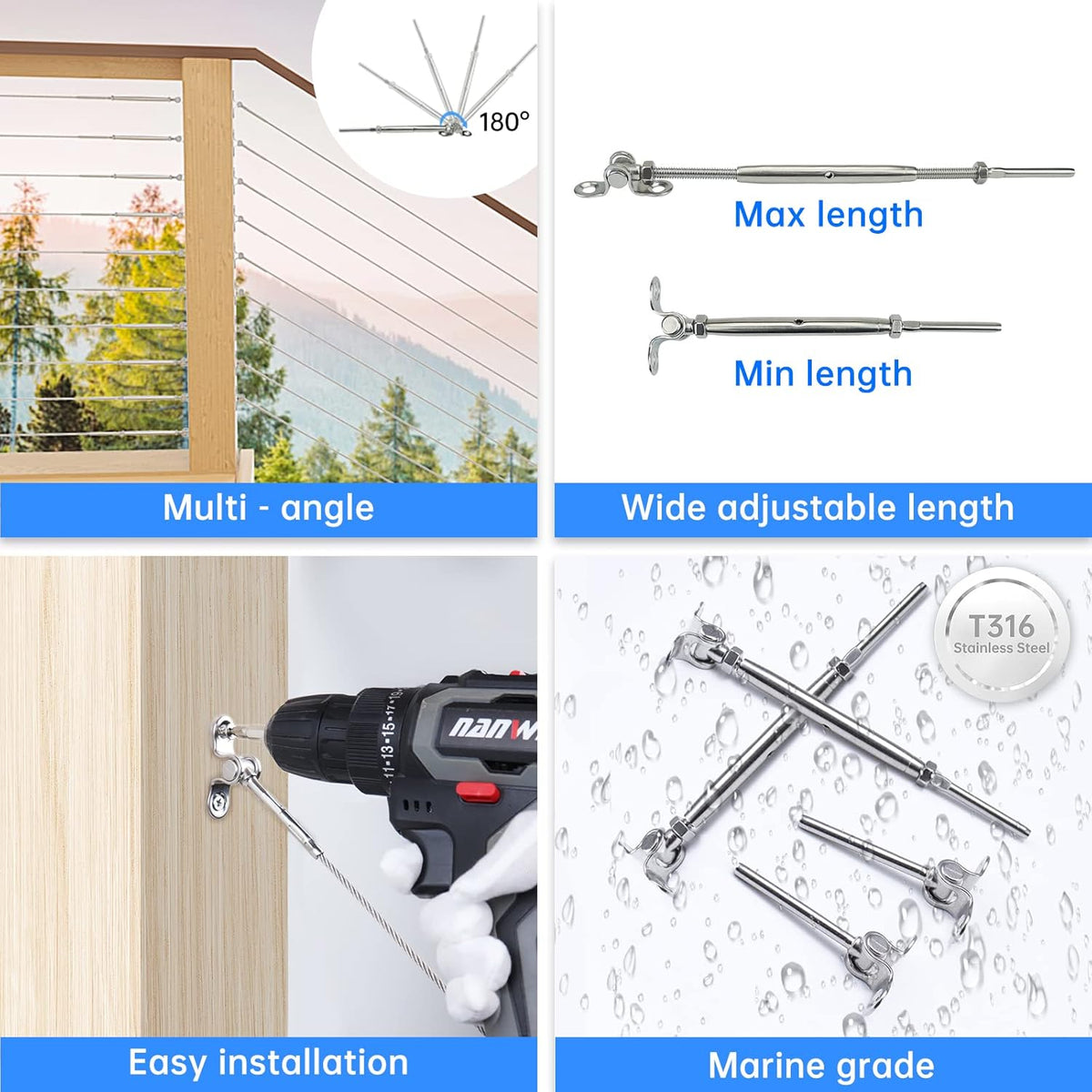 20Set Cable Railing Kit 1/8 T316 Stainless Steel Turnbuckle Hardware A596