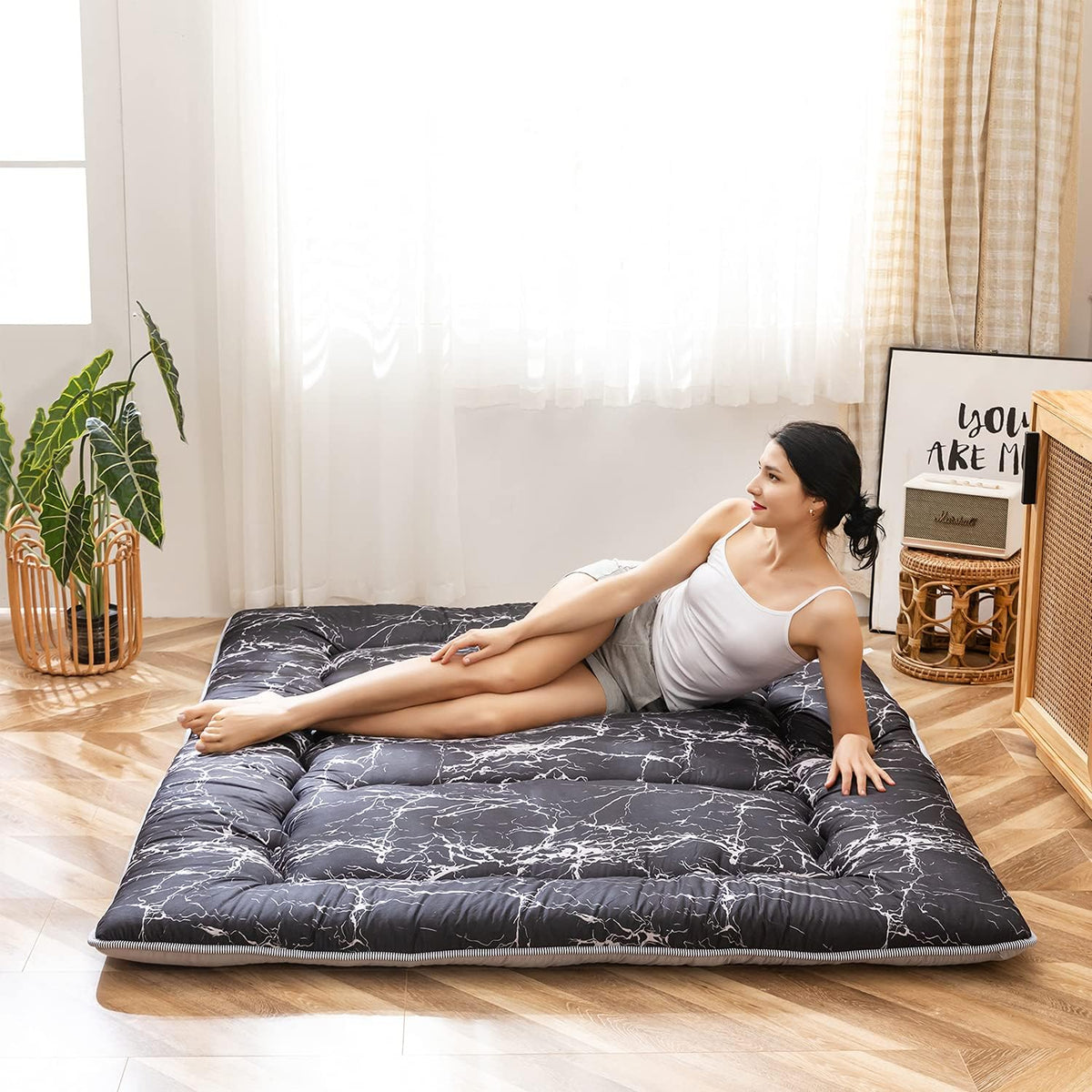 Navy Floral Printed Memory Foam Futon Mattress Twin Size F7497