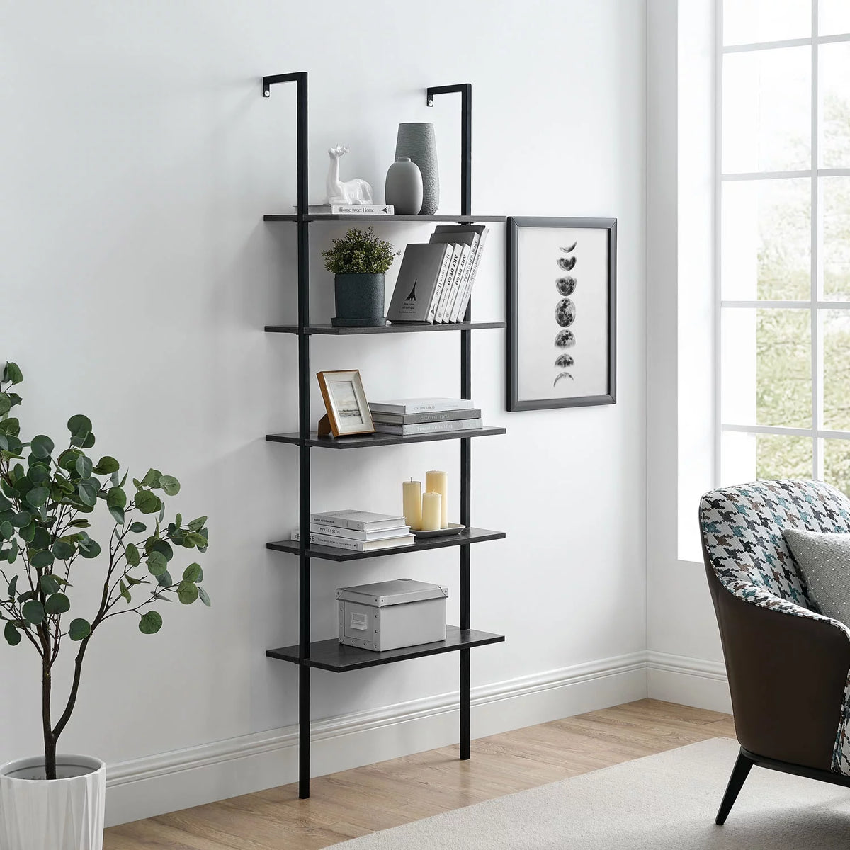 5 Tier Black Wall Mount Bookshelf B133
