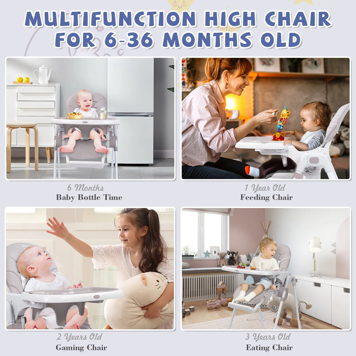 Portable Folding Highchair with Adjustable Height, Removable Tray, Gray E55942