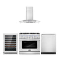 36 Gas Range, Wall Mount Range Hood, Dishwasher and Wine Cooler K37401