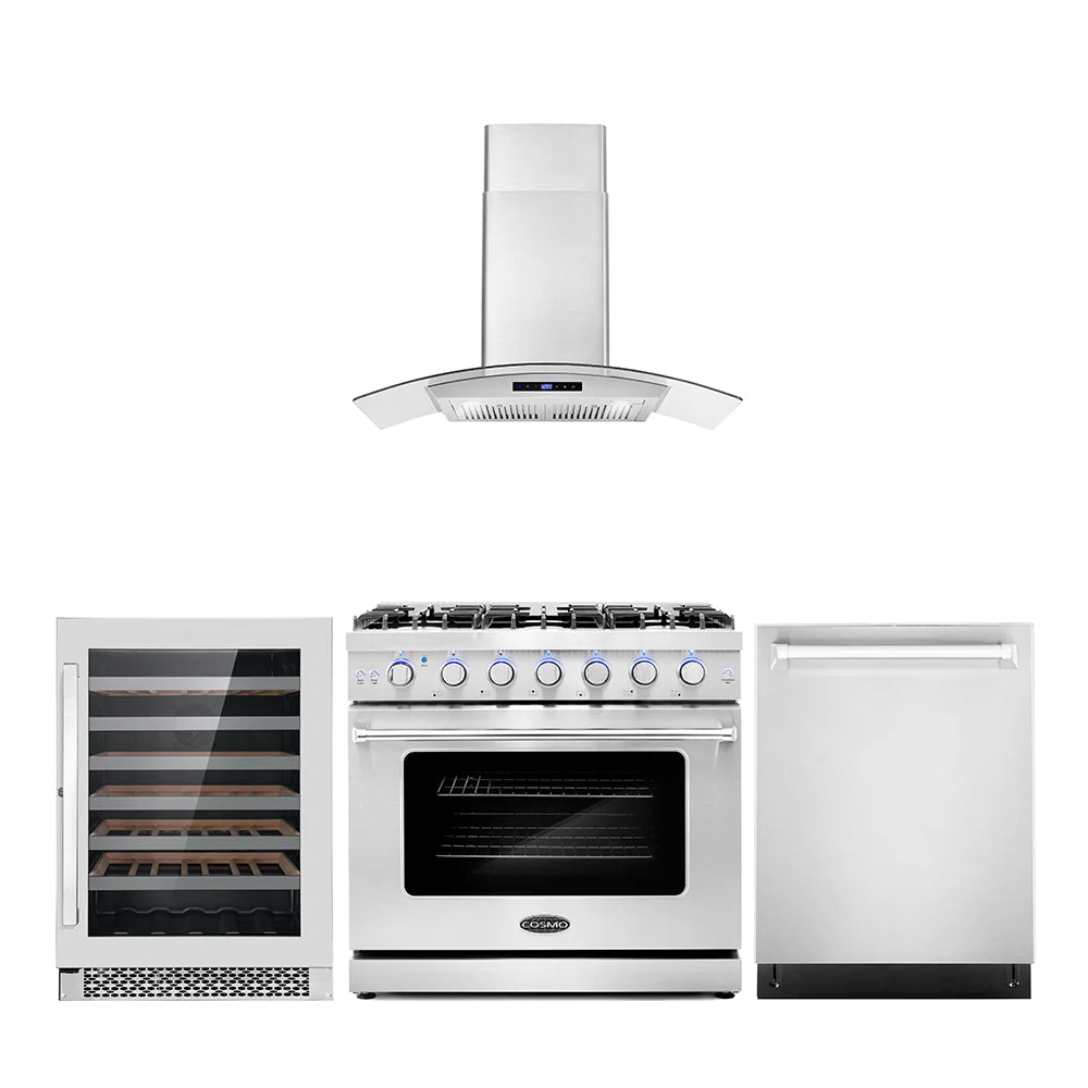 36 Gas Range, Wall Mount Range Hood, Dishwasher and Wine Cooler K37401