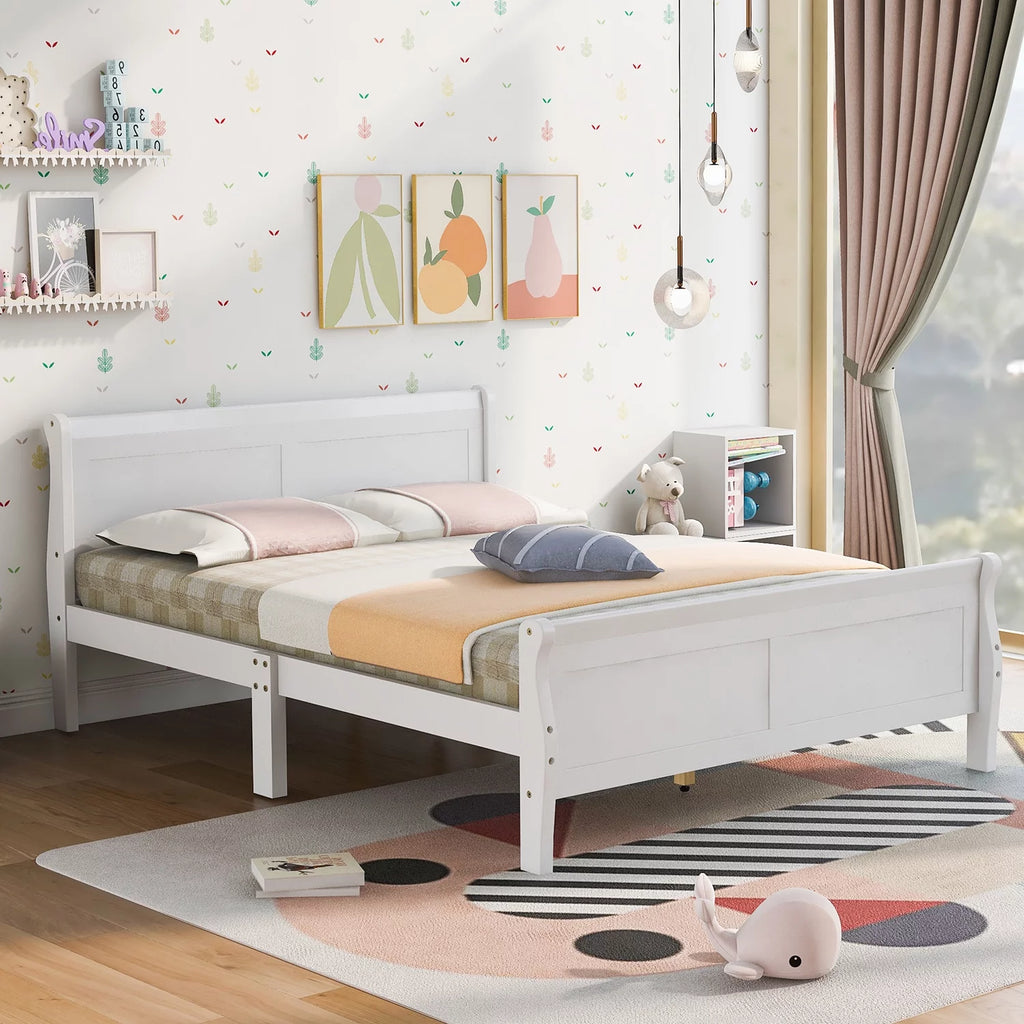 White Full Size Platform Bed Frame with Wood Headboard and Footboard T3557