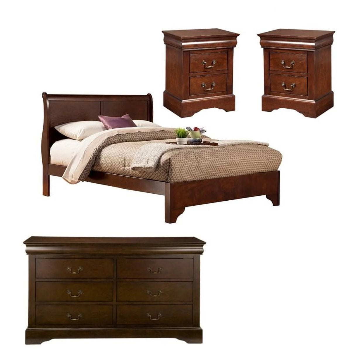 4 Piece Set with 2 Nightstands Full Wood Sleigh Bed & Dresser T18843