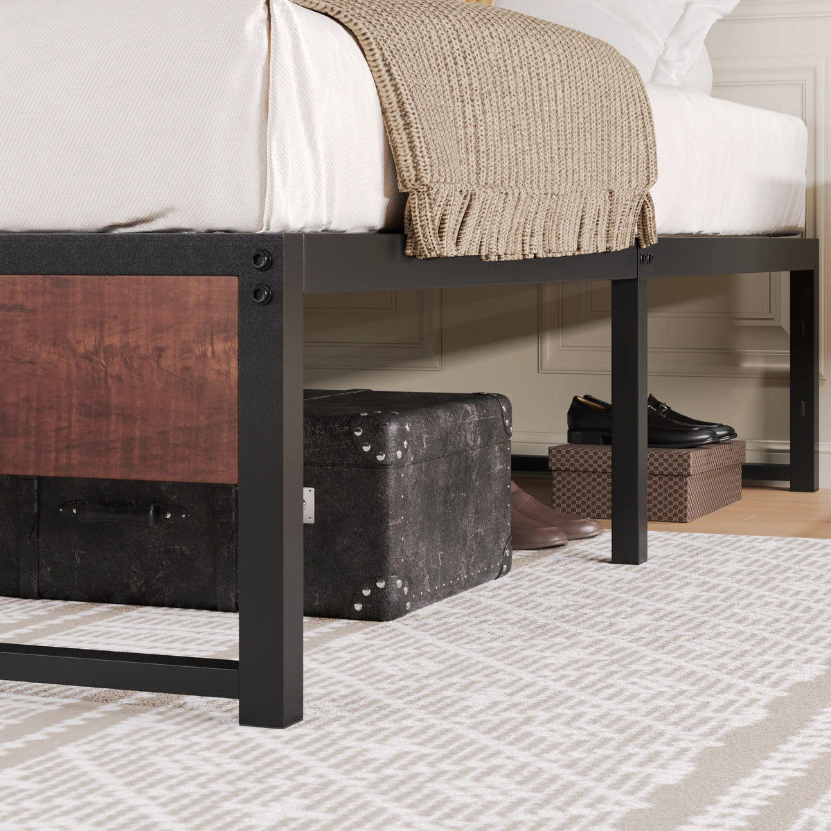 Brown King Size Metal Platform Bed Frame with Underbed Storage A169