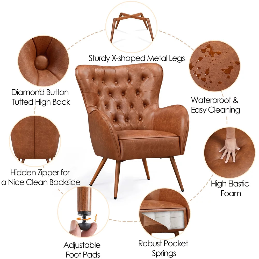 Brown Faux Leather Accent Chair with Tufted High Back D348121