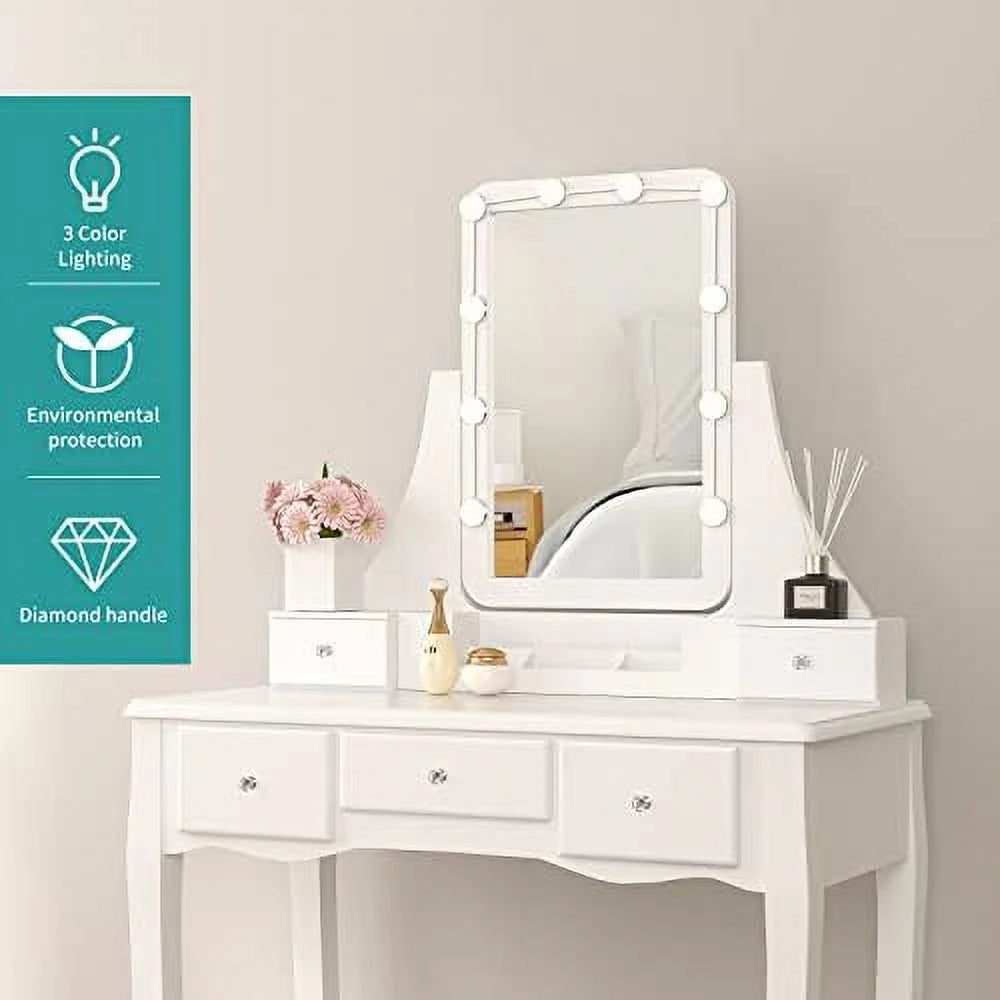 White Vanity Set with Lighted Tri-Fold Mirror and 4 Drawers U4281