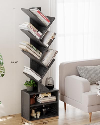 6 Tier Rustic Brown Tree Bookshelf with Storage Cabinet Y307302