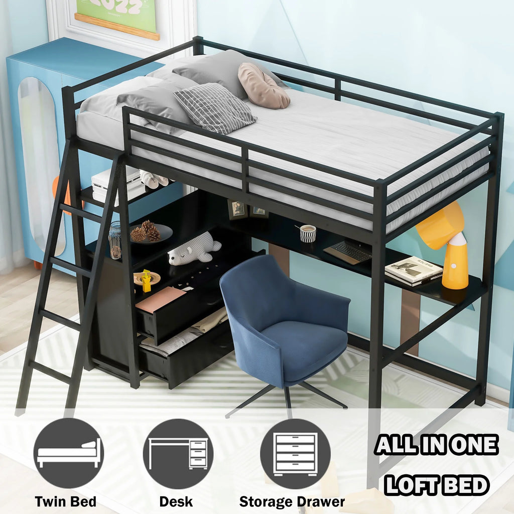 Black Twin Metal Loft Bed with Desk Storage Drawers Shelves M589121